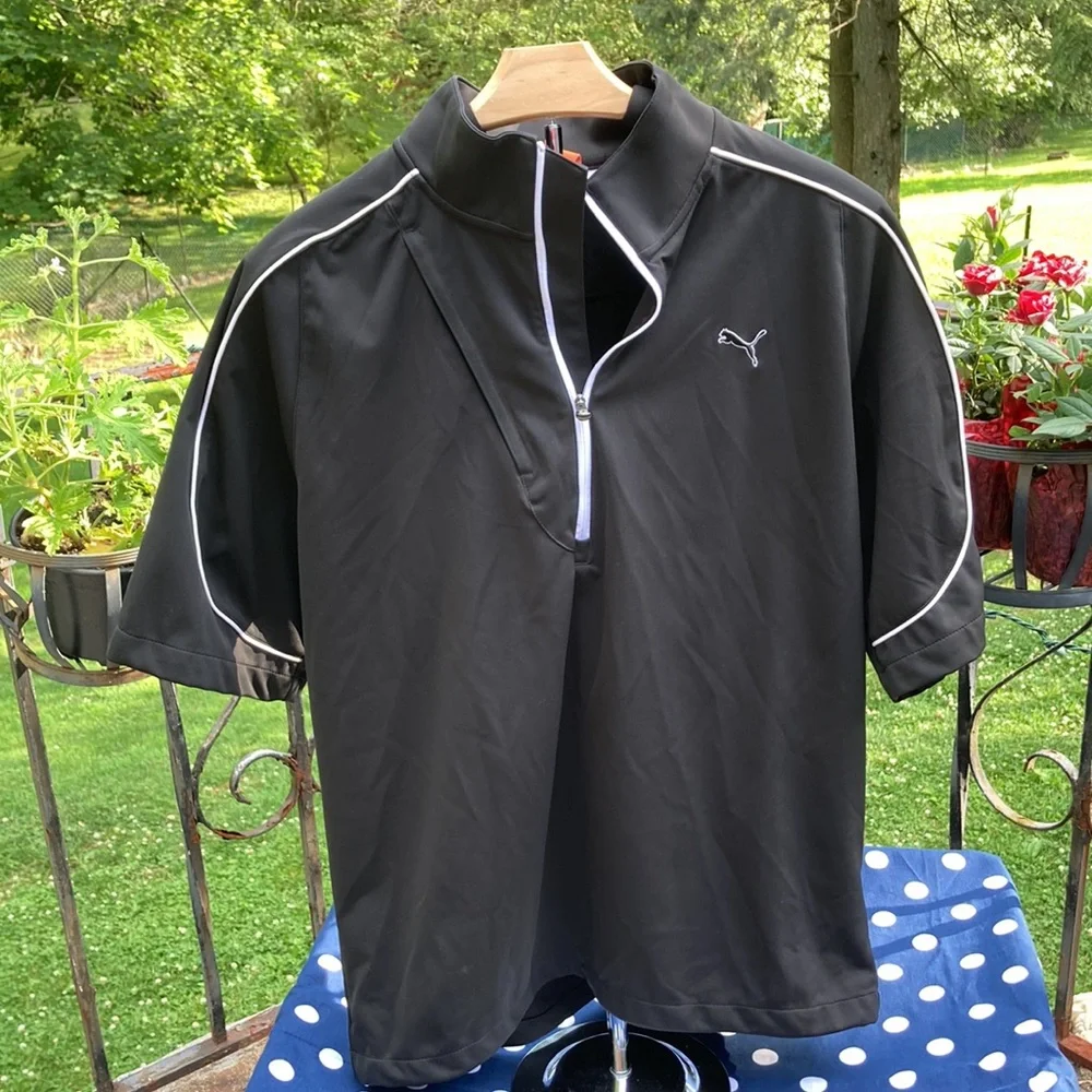 PUMA Golf 1/2 zip Black Shirt white stripe design front pocket Wing Cell sports - Picture 1 of 12